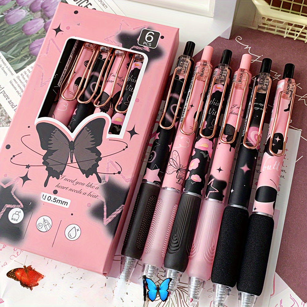 

6 Pack Retractable Gel Ink Pens, Fine Point 0.5mm, Black Ink, Butterfly & Rose Flower Design, Cute Writing Pens For School, Office, And Home Use, Ideal Gift For Teens And Adults