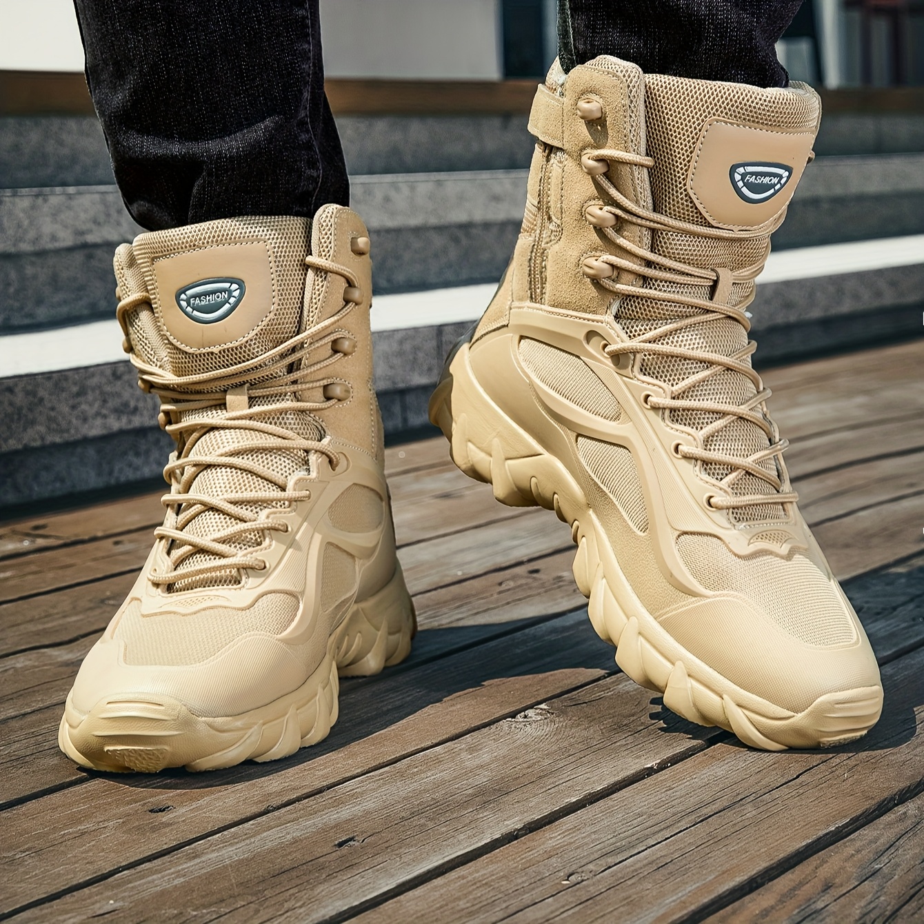 Botas tácticas para hombre al aire libre - Parte superior duradera de PVC y tela para todas las estaciones, cierre ajustable con cremallera/cordón/correa, suela de EVA para senderismo, entrenamiento y motociclismo - Botas cortas ligeras con punta, botas de combate, botas ajustadas, cordones para un ajuste seguro