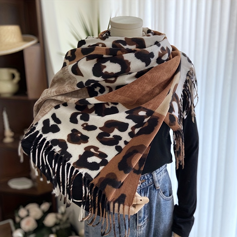 Image of 1pc -block Leopard Print Cashmere Scarf, Bohemian Style, , Lightweight And Smooth Fabric, Decorative And Breathable, Suitable For Daily And Holiday Parties