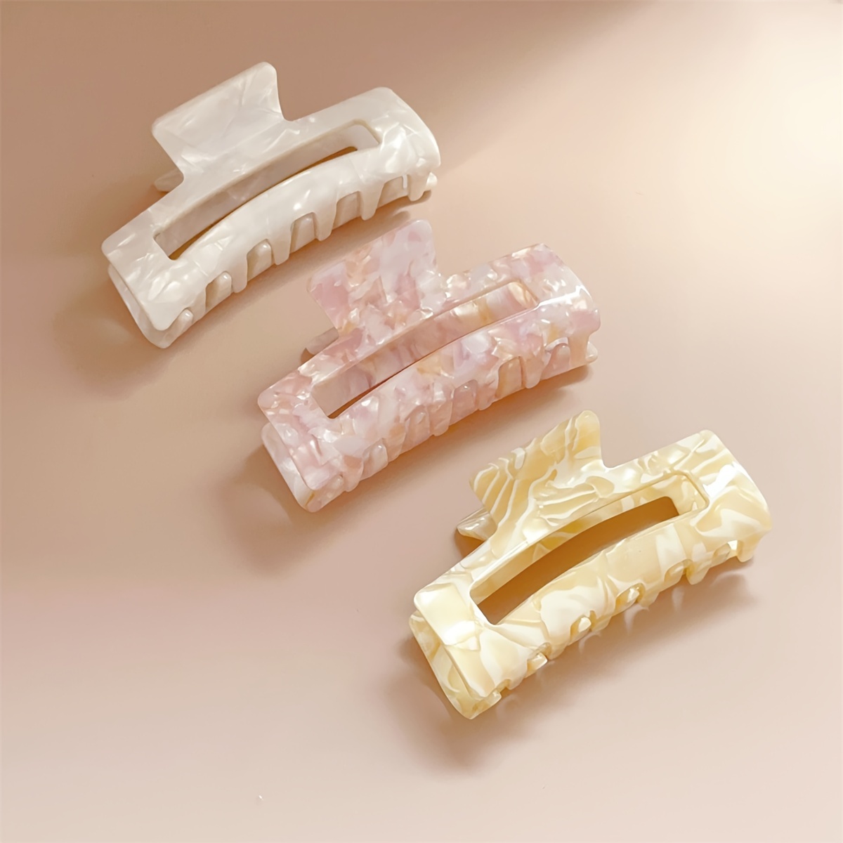 

3pcs Elegant Marble Pattern Square Hollow-out Hair Claw Clips, Hair Accessories For Women, Ponytail Holder Shark Clips