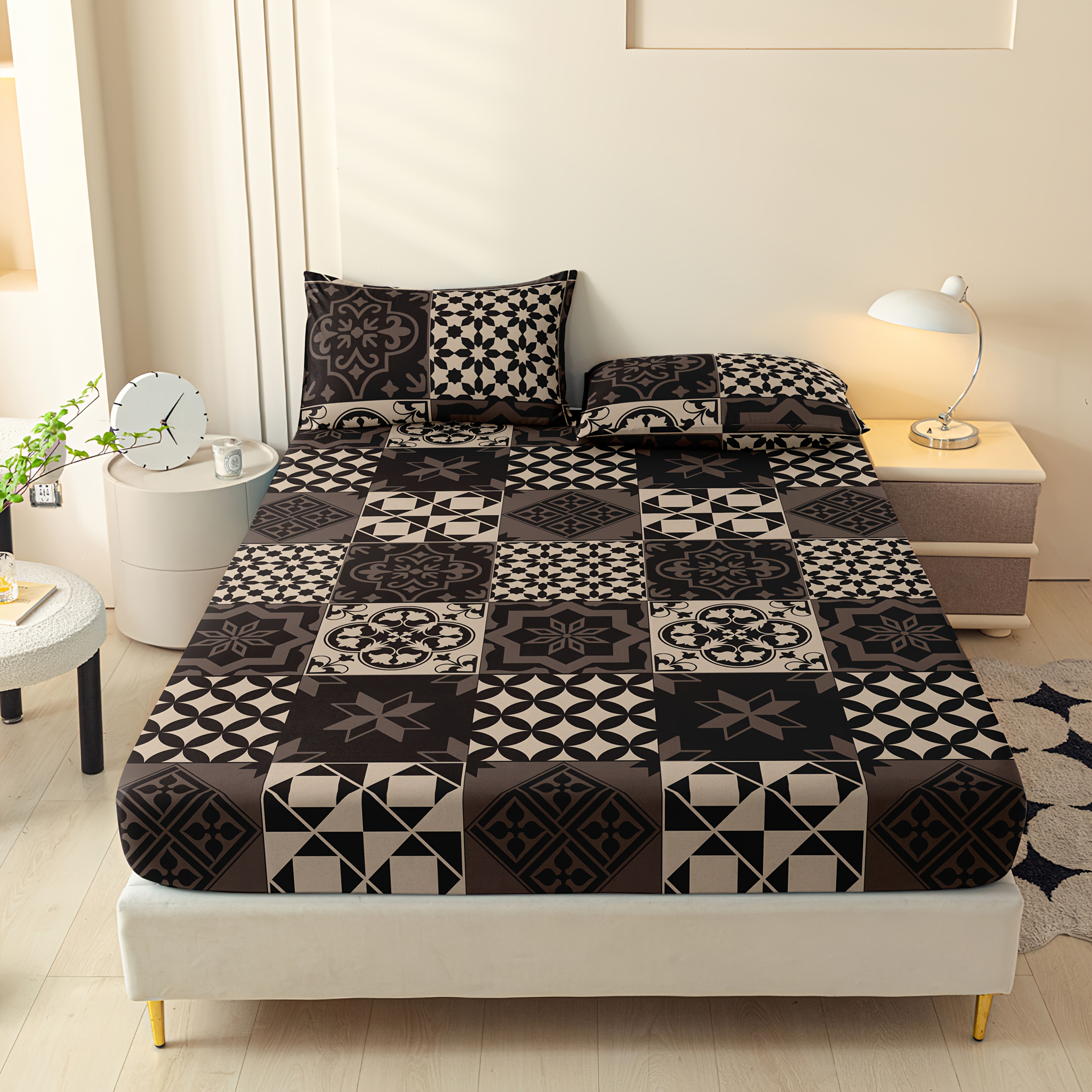 3pcs Geometric Fitted Sheet Set, Mattress Protector, Stylish And Comfortable Deep Pocket Breathable Bedding, Bedroom Decor, 1 Fitted Sheet + 2 Pillowcases, No Insert