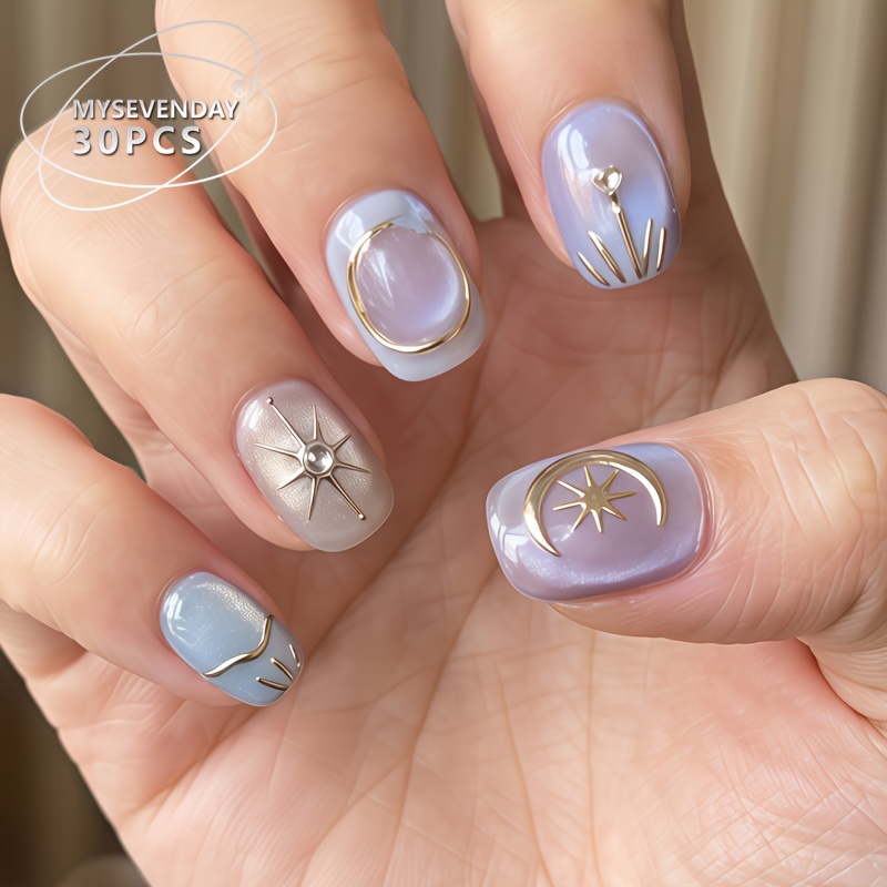 TEMU 30pcs Handmade Short Square Press-on Nails Suitable For Women - Ombre Cat Eye Fake Nails With Rhinestone Star/moon/sun & Gel Glue & Nail File,