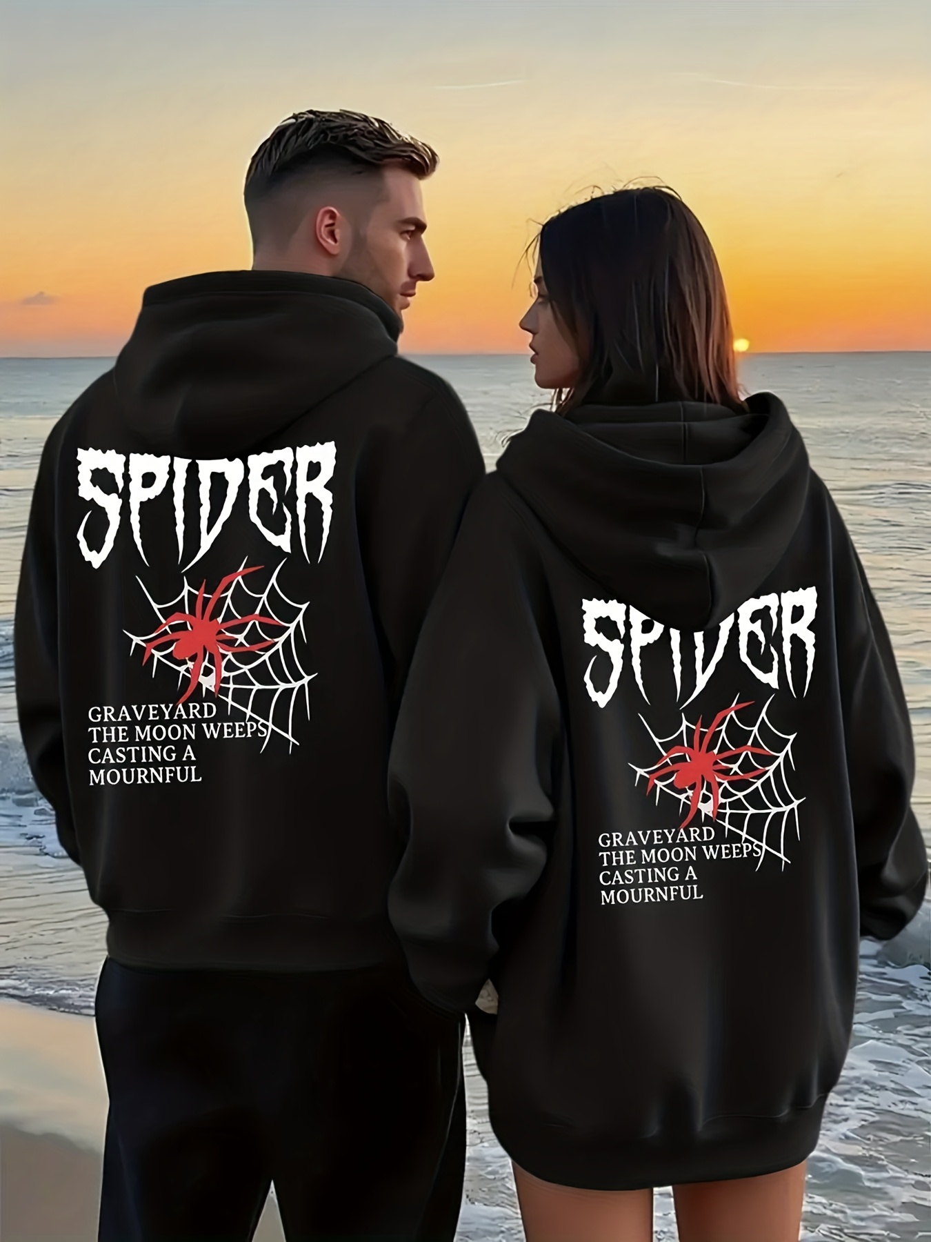 Gothic Spider Web Hoodie - Unisex Loose Fit Pullover With Letter Print