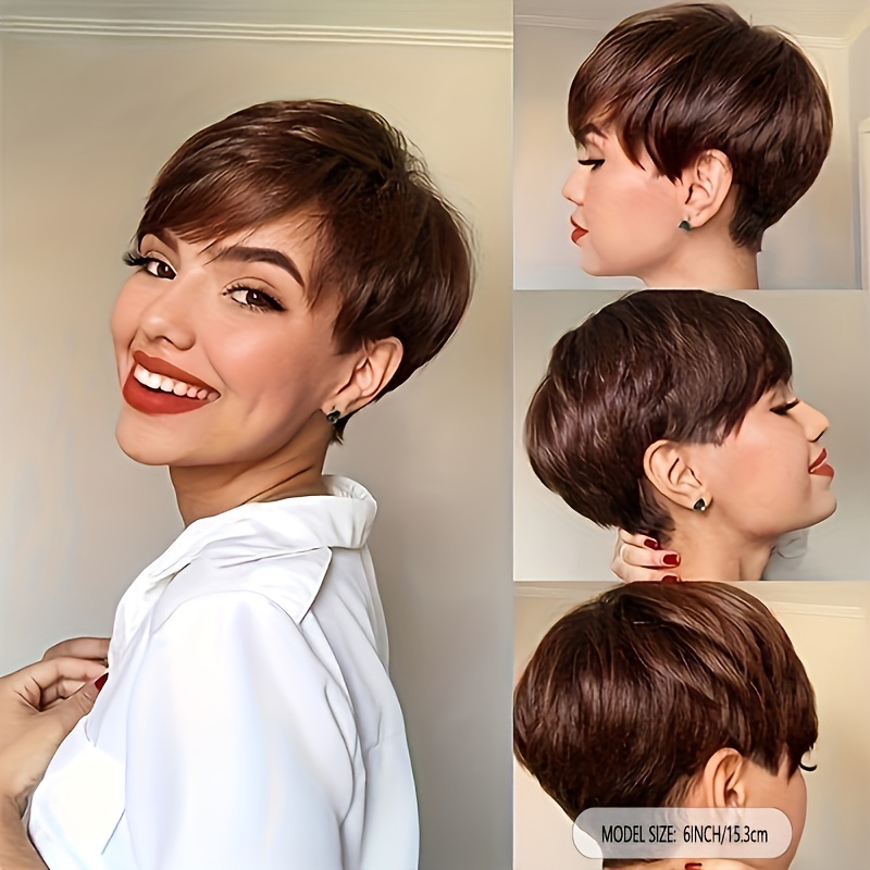 TEMU Brazilian Human Hair Short Cut Wig For - Glueless Machine-made Wig With Bangs, 150% Density Hair, Color Only, For All , Fashion Accessory | Natural Look Hairstyle