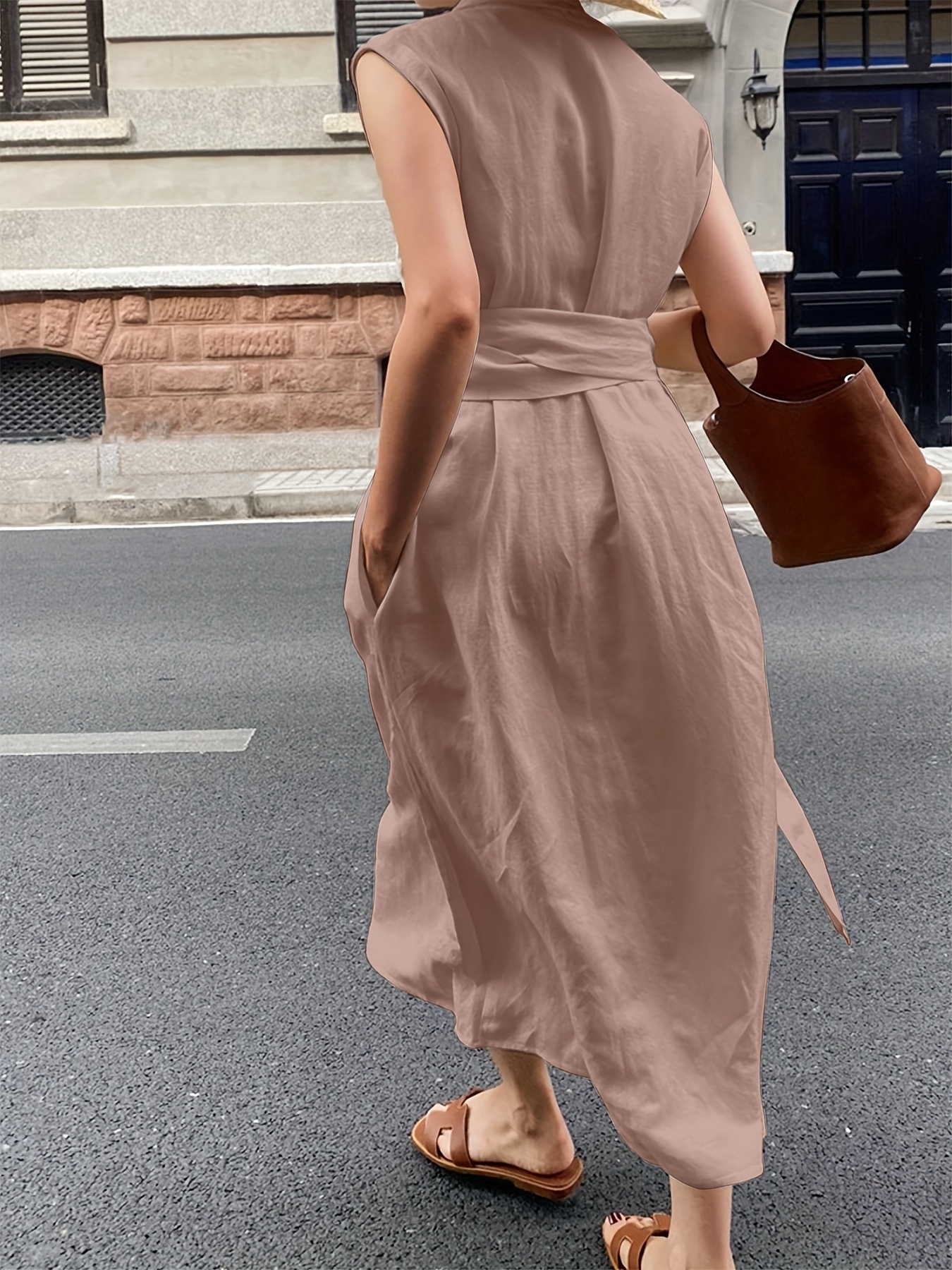 Solid Color Spring And Summer Linen Blend Sleeveless Dress with Pockets solid color spring summer linen blend sleeveless dress - Temu