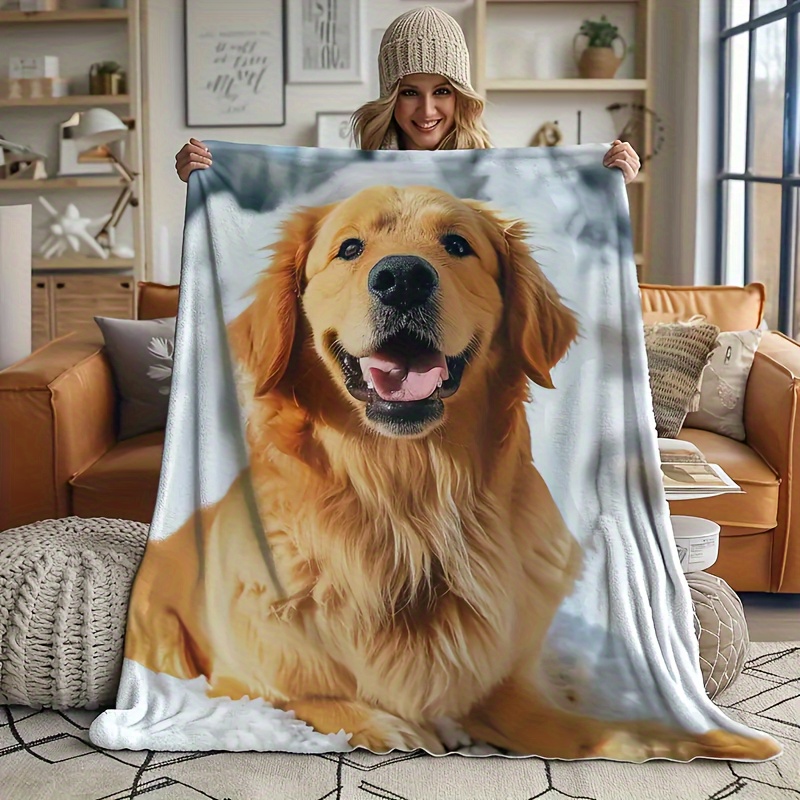 

Contemporary Golden Retriever Print Flannel Fleece Throw Blanket - Animal Theme Knitted Polyester Bedding With Geometric Pattern For Use