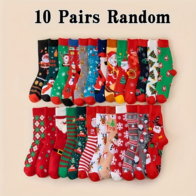 TEMU 10-pair Random Women's Christmas Cartoon Santa Claus Pattern Fashionable Trendy Casual Unisex Mid-calf Socks