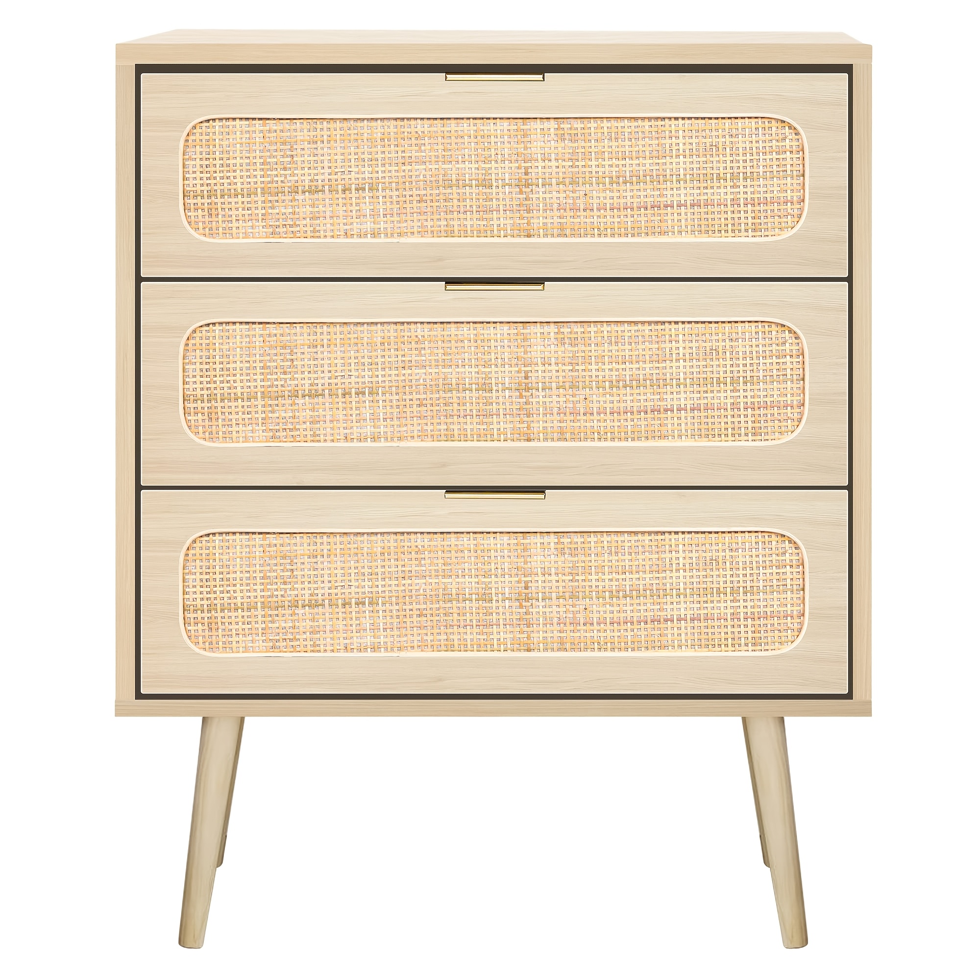 Rattan Nightstand Dresser Chest Of 3 Drawers, Wood Storage Dresser Cabinet Organizer Unit For Bedroom Living Room Closet Office