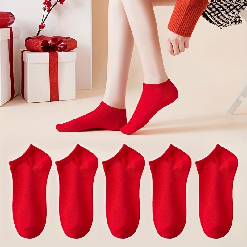 

5 Pairs Lucky Red Socks, Comfy & Soft Chinese New Year Ankle Socks, Women's Stockings & Hosiery