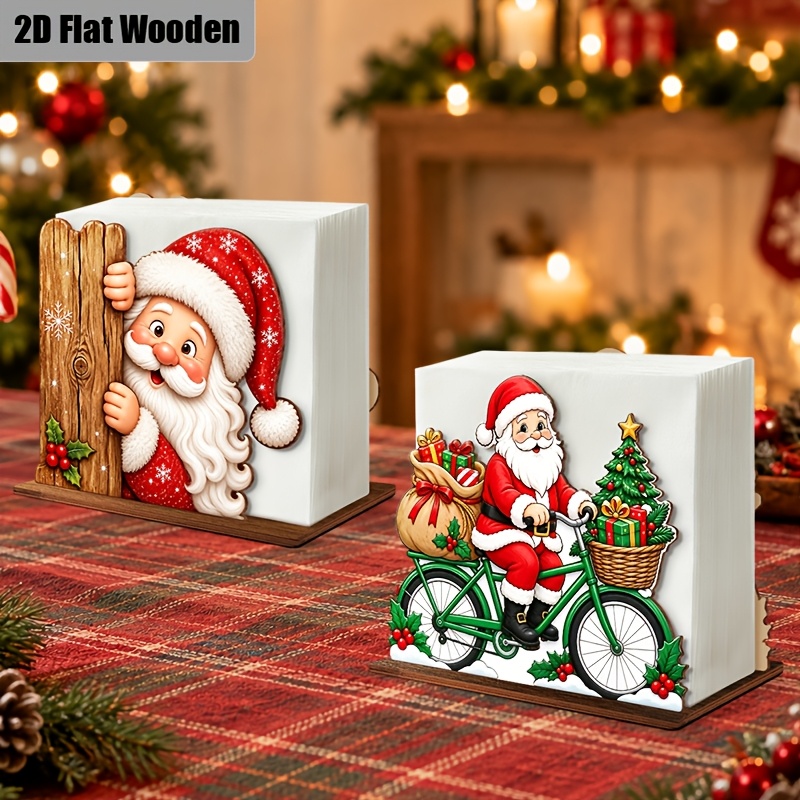 TEMU 2d Flat Wooden Christmas Napkin Holder Set (2pcs Set), Featuring Peeking Santa Claus And Cycling Santa Claus Designs, Farmhouse Table Napkin