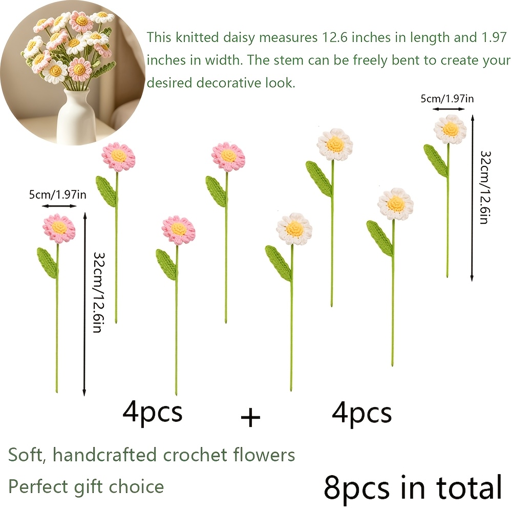 TEMU Ramo de 8 piezas de margaritas de croché hechas a , adorno de flor tejida realista, regalos encantadores para recuerdo de boda, de graduación, ,