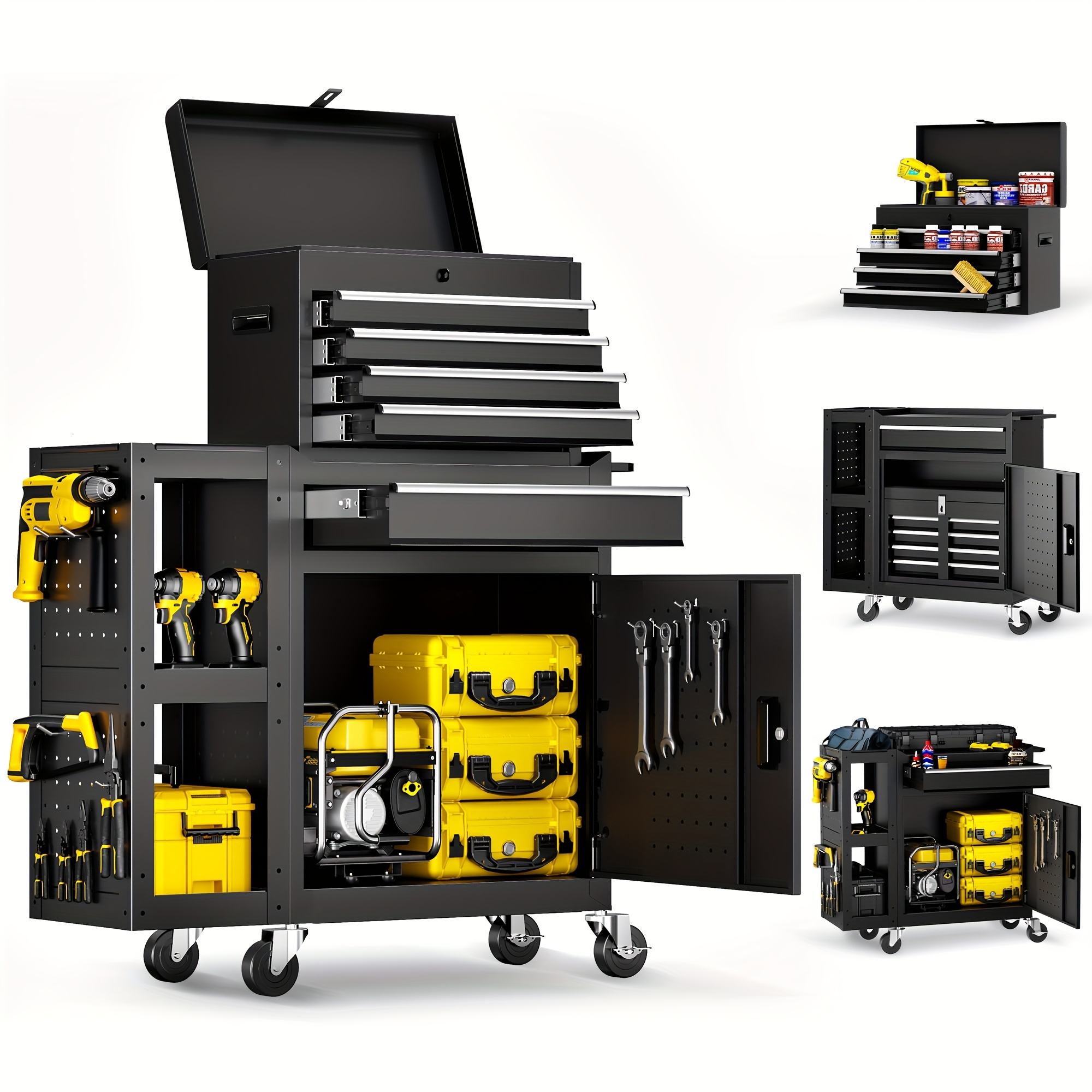 TEMU 5/8-drawer Rolling Tool Storage Cabinet With Side Cabinet, Metal Rolling Tool Chest With Wheels And Drawers, Detachable Box, High Capacity Tool