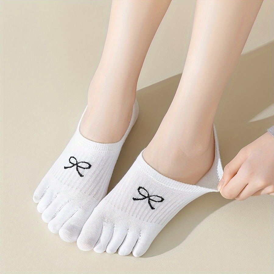 

5pcs Elegant Women's No-show Split Toe Socks With Embroidered Bowknot - Breathable Cotton , Non-slip Invisible Boat Socks For Summer