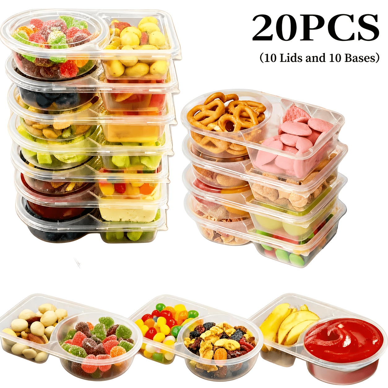 TEMU 20/40pcs Set, Includes 10/20 Lids And 10/20 Bases, 2-compartment Snack Containers, Transparent Plastic Material, Leak-proof Lids, Lightweight