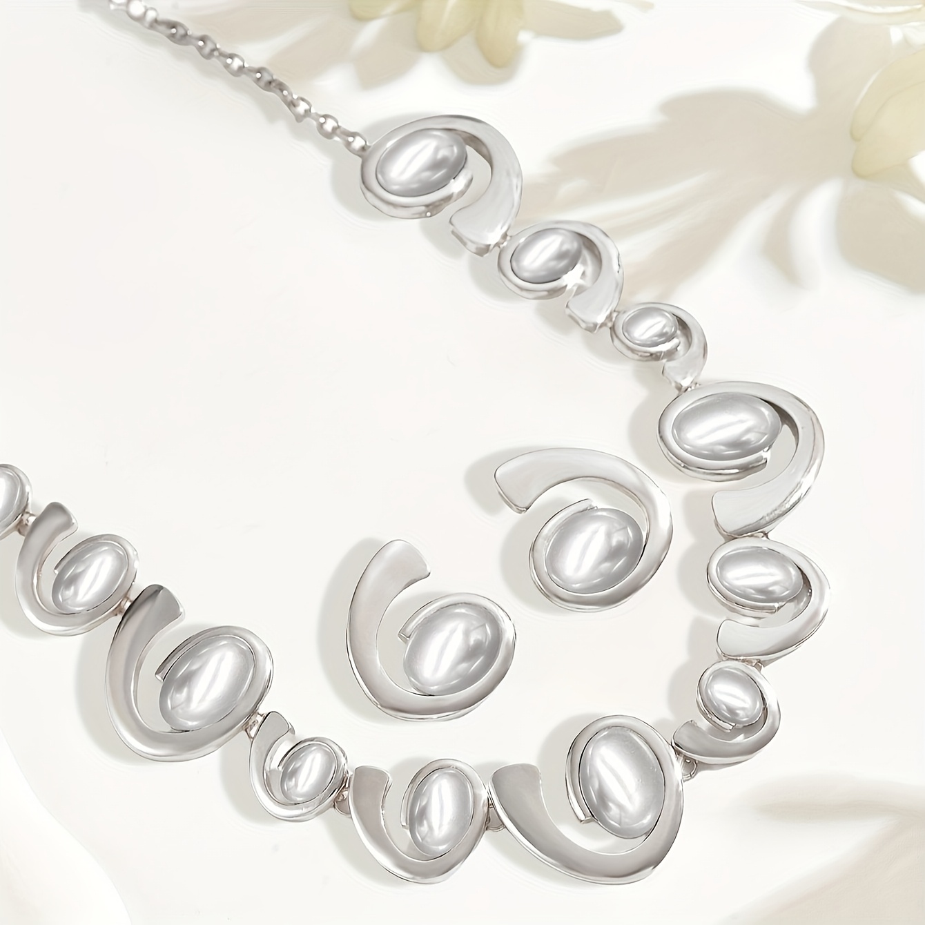 Women's Spiral Snail Necklace Set with Oval Artificial Pearls