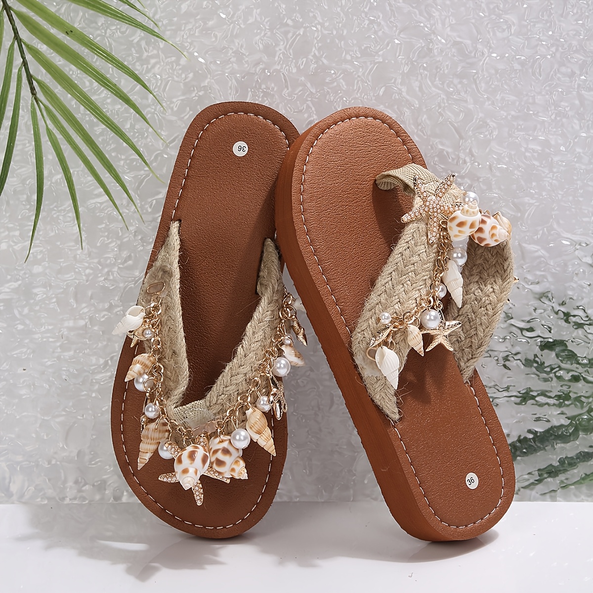 TEMU Women's Flip Flops With Woven Wide Straps And Coffee-colored Sole | Comfortable 3.0 Eva Sole, Fashionable And Elegant, Metal Shell Decorations,