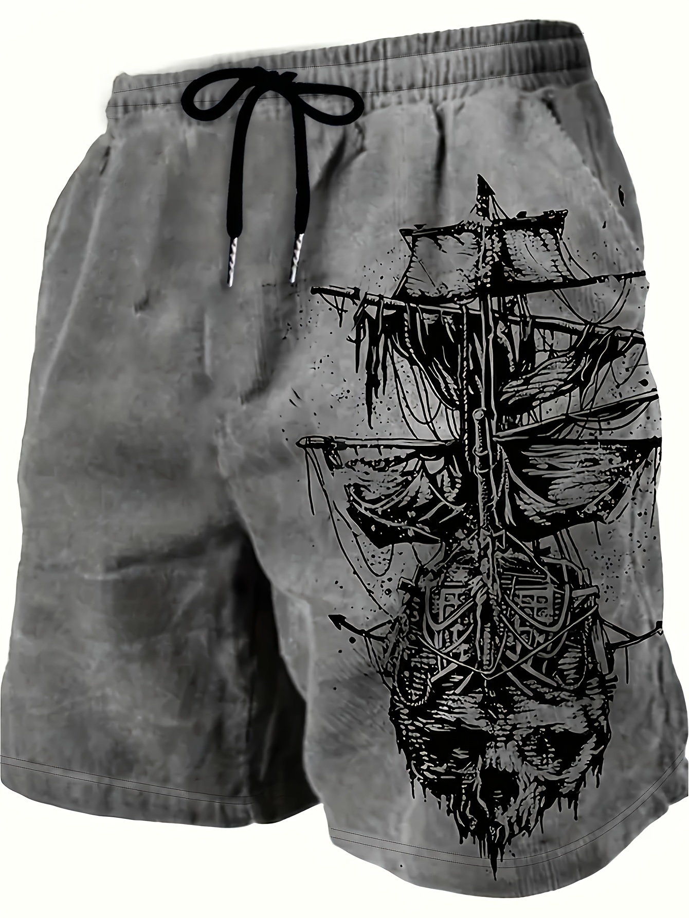 Men's Skull & Ship Print Beach Shorts - Lightweight Quick-Dry Polyester Swim Trunks with Adjustable Drawstring Waist, Regular Fit Casual Swimwear for Surfing, Pool & Summer Adventures (Khaki/Charcoal), Bathing Suits, PLUS SIZE