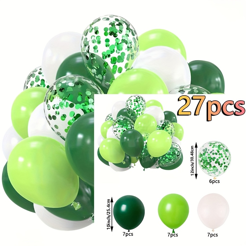 Image of 27pcs Green And White Balloons Set, 12/10inch Green And White Themed Latex Party , With Green Confetti Balloons, For Birthday , 's Day , Shower, Jungle Themed Party, Indoor And Outdoor Decoration