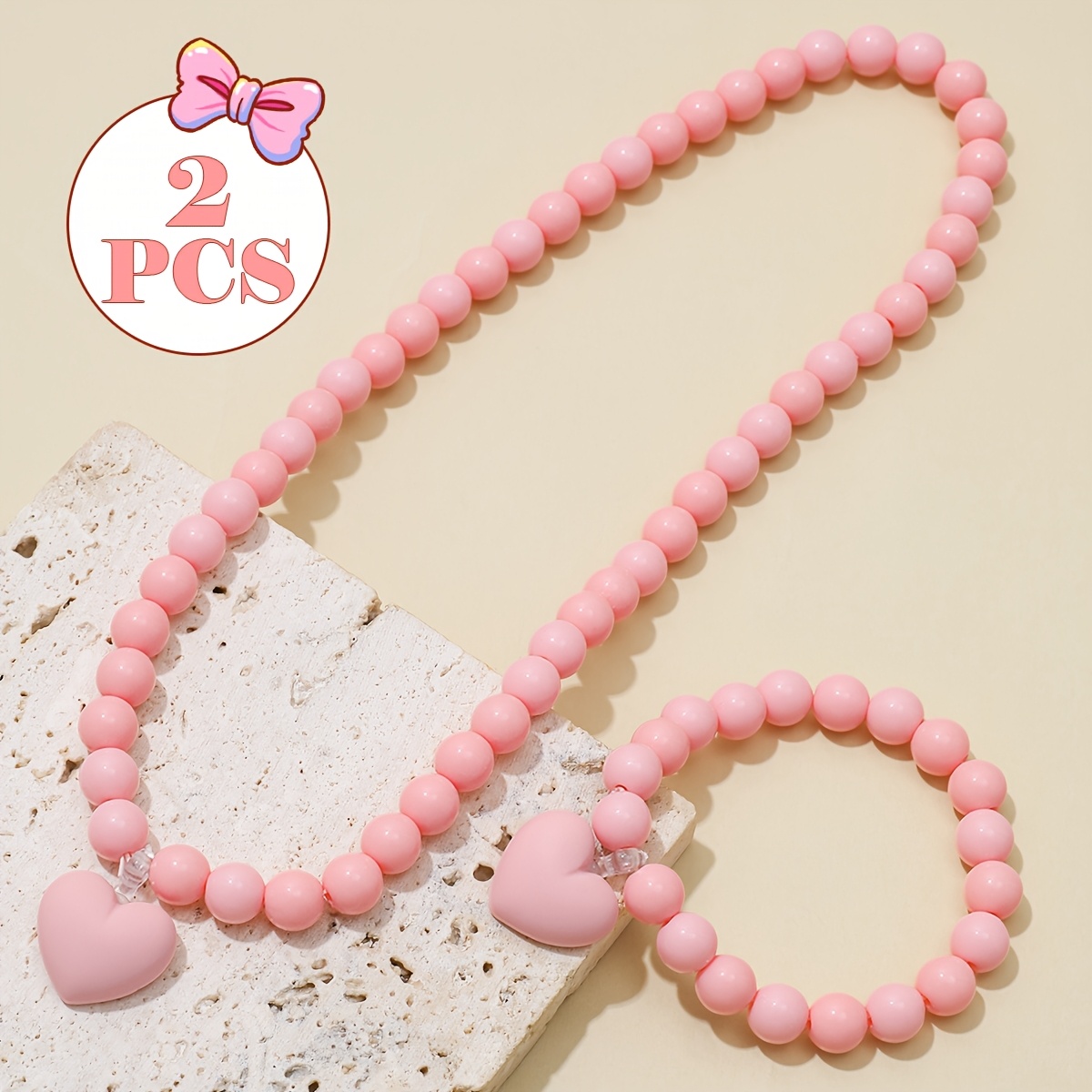 TEMU Juego de 2 piezas, pulsera elástica de cuentas redondas de lujo ligero color con colgante de , juego de joyería decorativa de diseño de elegante