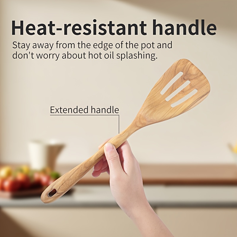 Olive Wood 6pcs Kitchen Utensil Set Long Handle Household Spatula Slotted Spatula Spoon Slotted Spoon Corner Spoon Mixing Salad Pasta Scooping Stir-Frying Non-Stick Pan Household