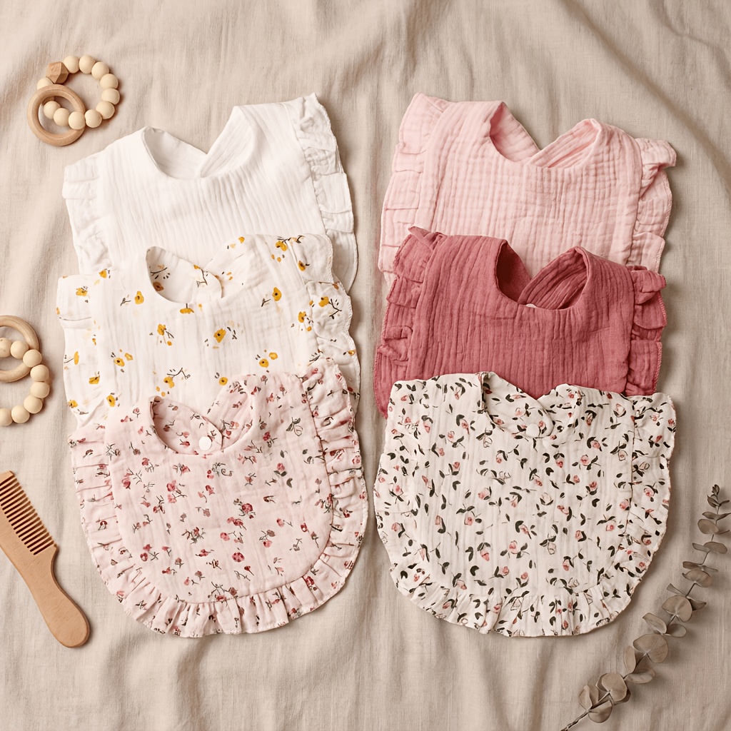 Image of Set Of Bibs With Lace, Featuring Vibrant Floral And Solid Color Designs, Ideal For Feeding Newborns And Infants Up To