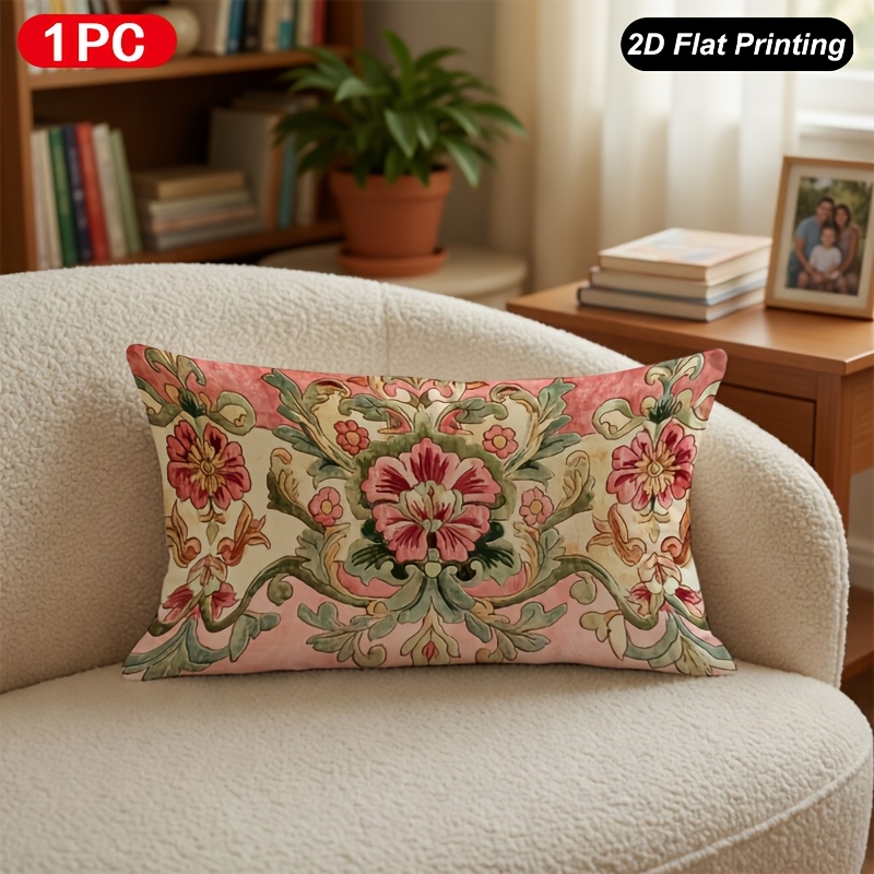 TEMU 1 stuk 2D plat bedrukte lendenkussenhoes met roze-rood bloemenpatroon voor binnen- en buitengebruik, boerderij, slaapkamer, woonkamer, bank,
