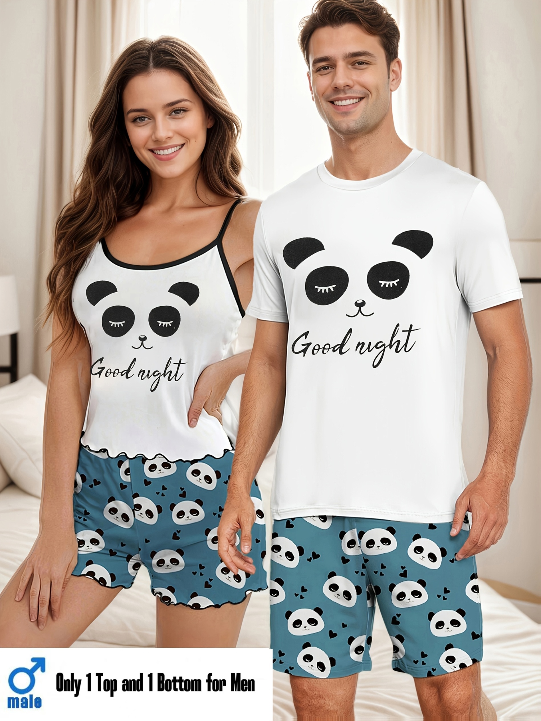 WDIRARA Women's Cute Bear Print Pajama Set - Short Sleeve Button-Down Shirt & Pants Satin Sleepwear