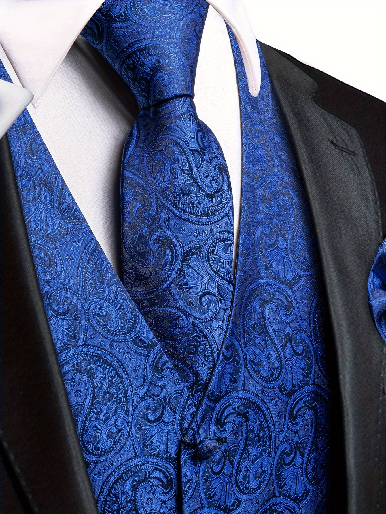 Men'S Elegant V-Neck Polyester Vest Set with Tie, Handkerchief & Cufflinks for Wedding Party - All-Season Motif Cachemire Pattern, Regular Fit, Woven Fabric, Button Detail