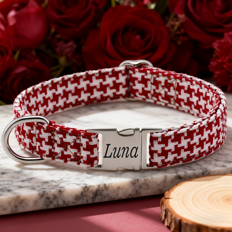 Custom Plaid Pattern Dog Collar with Zinc Alloy Buckle