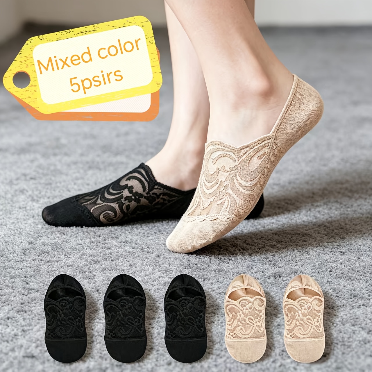 TEMU Mixed Colors - 5 Pairs Spring Summer Fashion Women's Summer Thin Sheer Sweat-absorbing Lightweight Lace Boat Socks