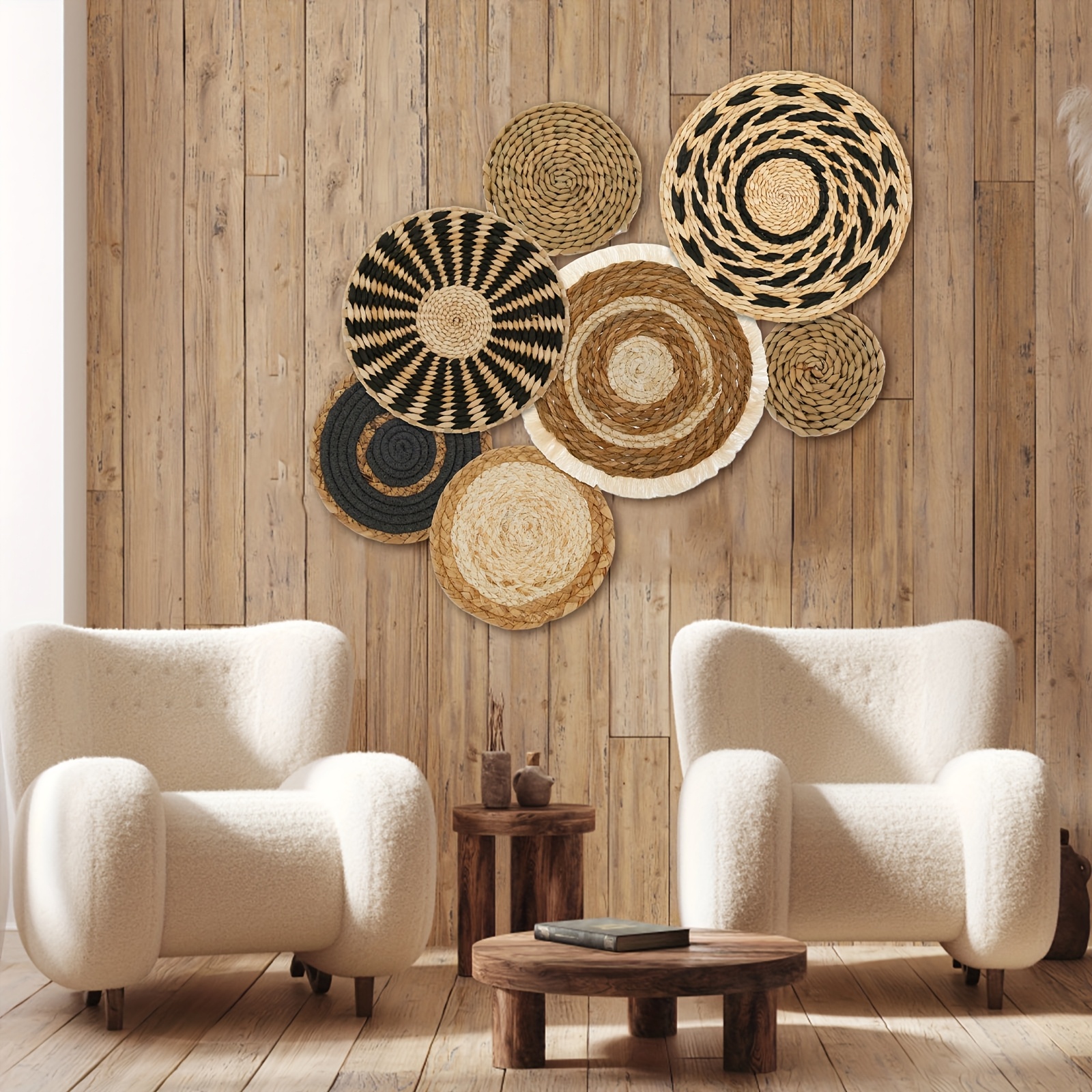 

7pcs Vintage Rattan Woven Wall Basket Decor, Handmade Round Hanging Ornaments For Christmas, No Electricity Required, Featherless Home Party Wall Decor