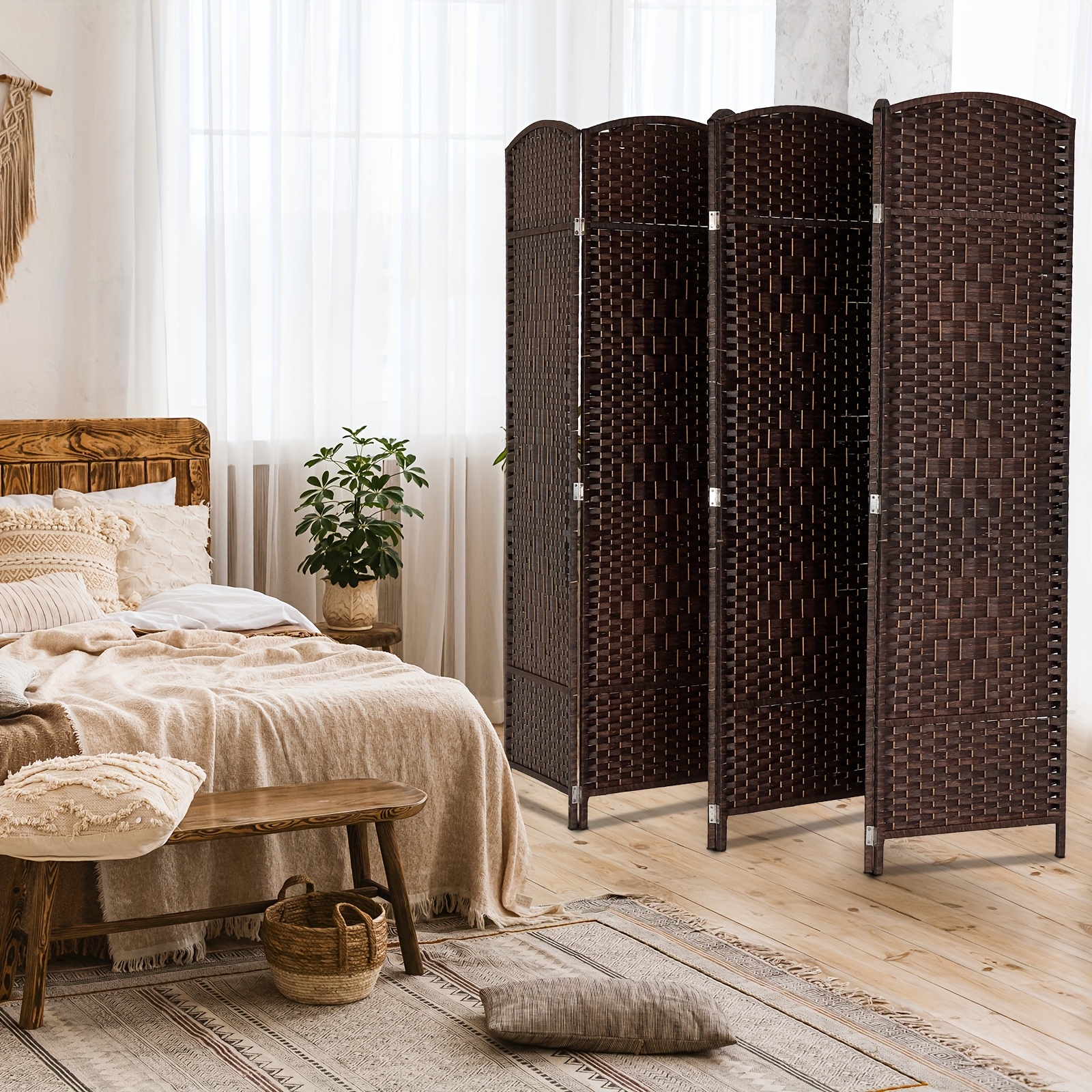 [Folding Rattan Room Divider] 6-Panel Folding Rattan Room Divider, 70.87'' H Folding Space Separator Partition Wall Dividers, Freestanding Hinged Privacy Screen