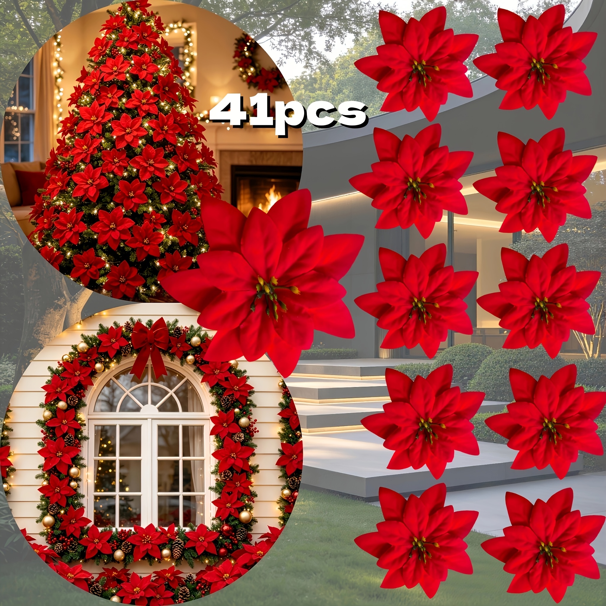TEMU 41pcs Christmas Artificial Poinsettia Flowers, Floral Decor, Christmas Tree Decoration Accessories, For Outdoor Courtyard Garden Lawn Porch