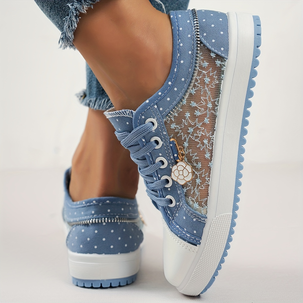 womens blue floral sneakers low top lace up casual shoes with rubber sole   cover inner lining and decorative zipper detail ladies shoes details 4