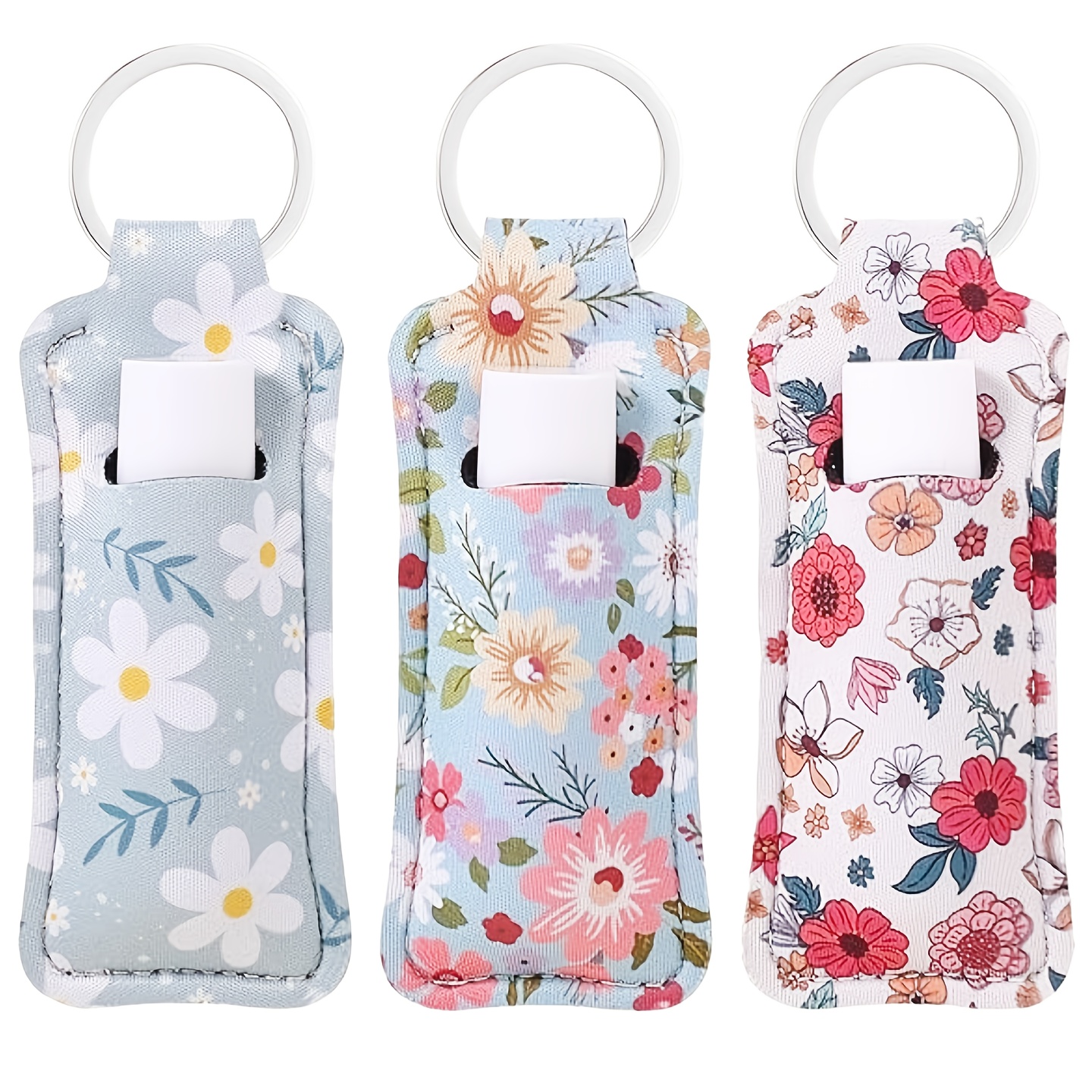 TEMU Ensemble de 3 porte-clés pour baume à lèvres à imprimé floral - Étuis étanches en néoprène adaptés aux baumes à lèvres et glosses, porte-clés