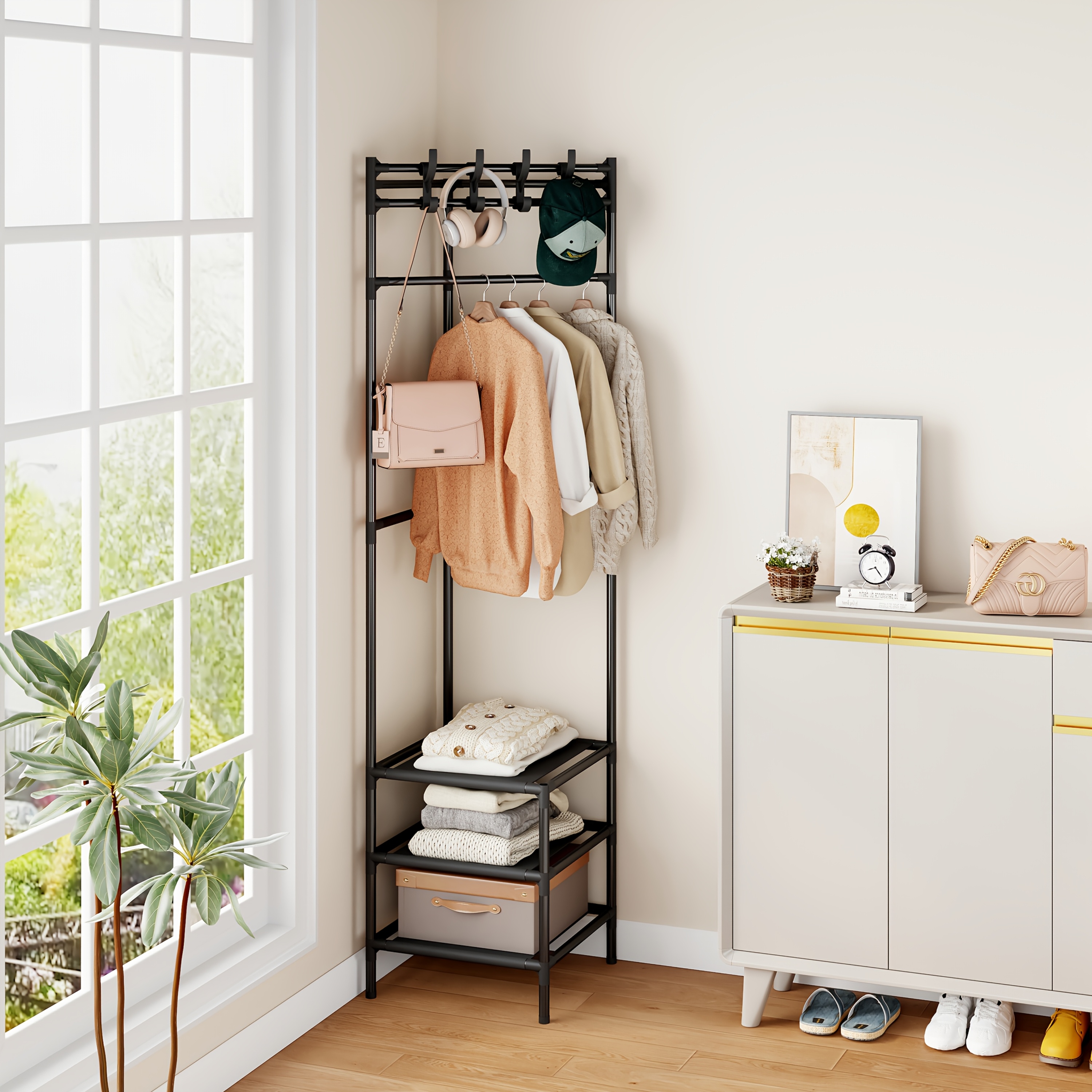 1pc White/black Metal Corner Guard Rack With Hooks, Suitable For Bedroom And Living Room, Painted Surface, Independent Design, Perfect For Jackets, Hats, And Accessories, Room Decoration