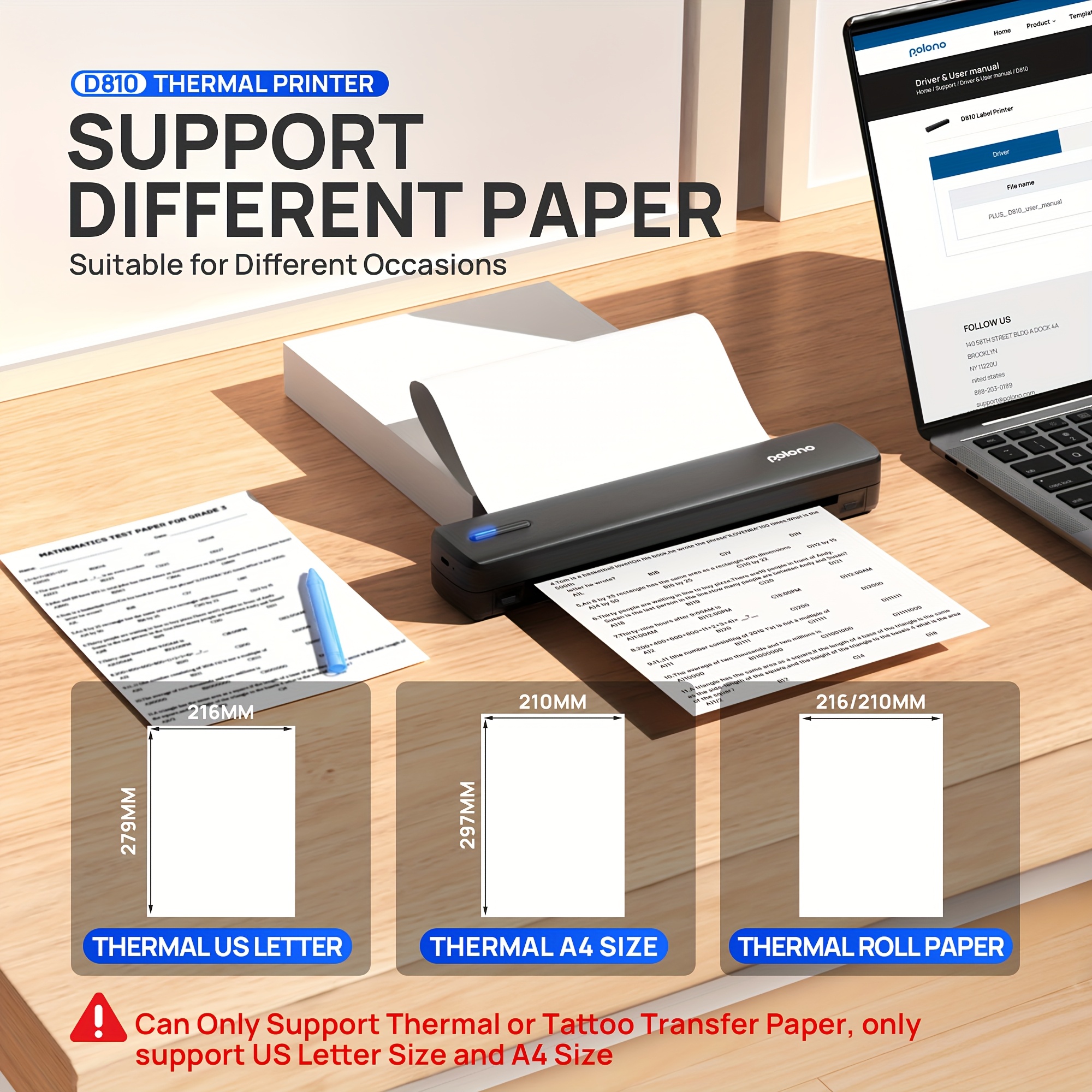 Imprimante Portable Sans Encre D810B, Imprimante Sans Fil de Voyage, Machine à Tatouage Thermique, Compatible avec Papier Thermique A4 et US Letter, Adaptée aux Téléphones Portables et Ordinateurs Portables, Idéale pour les Affaires, Voyages, Bureau et Maison