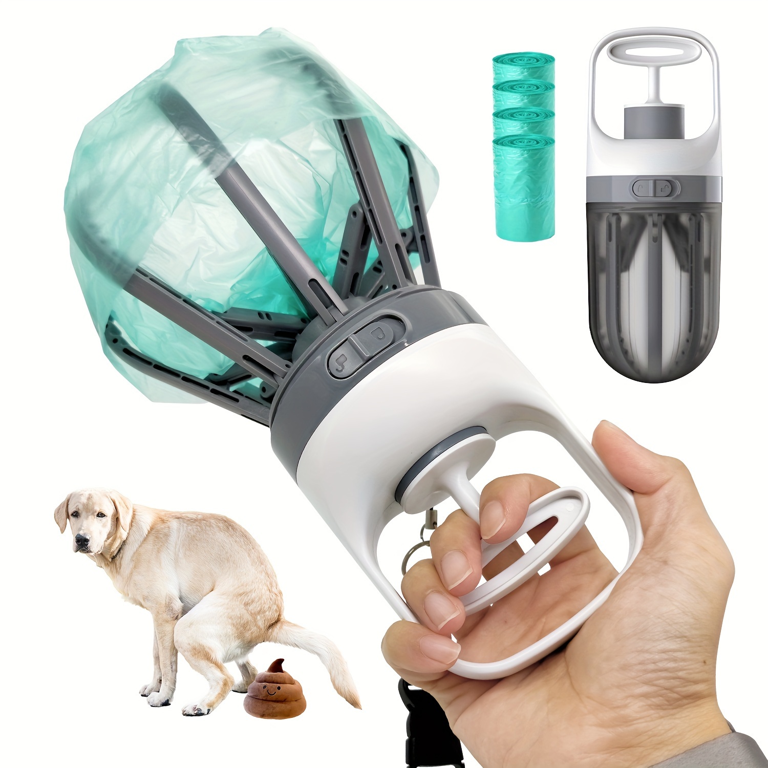 TEMU Livekey Dog Pooper Scooper With 75 Bags - Portable 2-in-1 Waste Pick-, Wide Claw Attachment For Small/medium/large Dogs, Hygienic Cleaner For Parks, Lawn & Use (75pcs Bag Attachment)