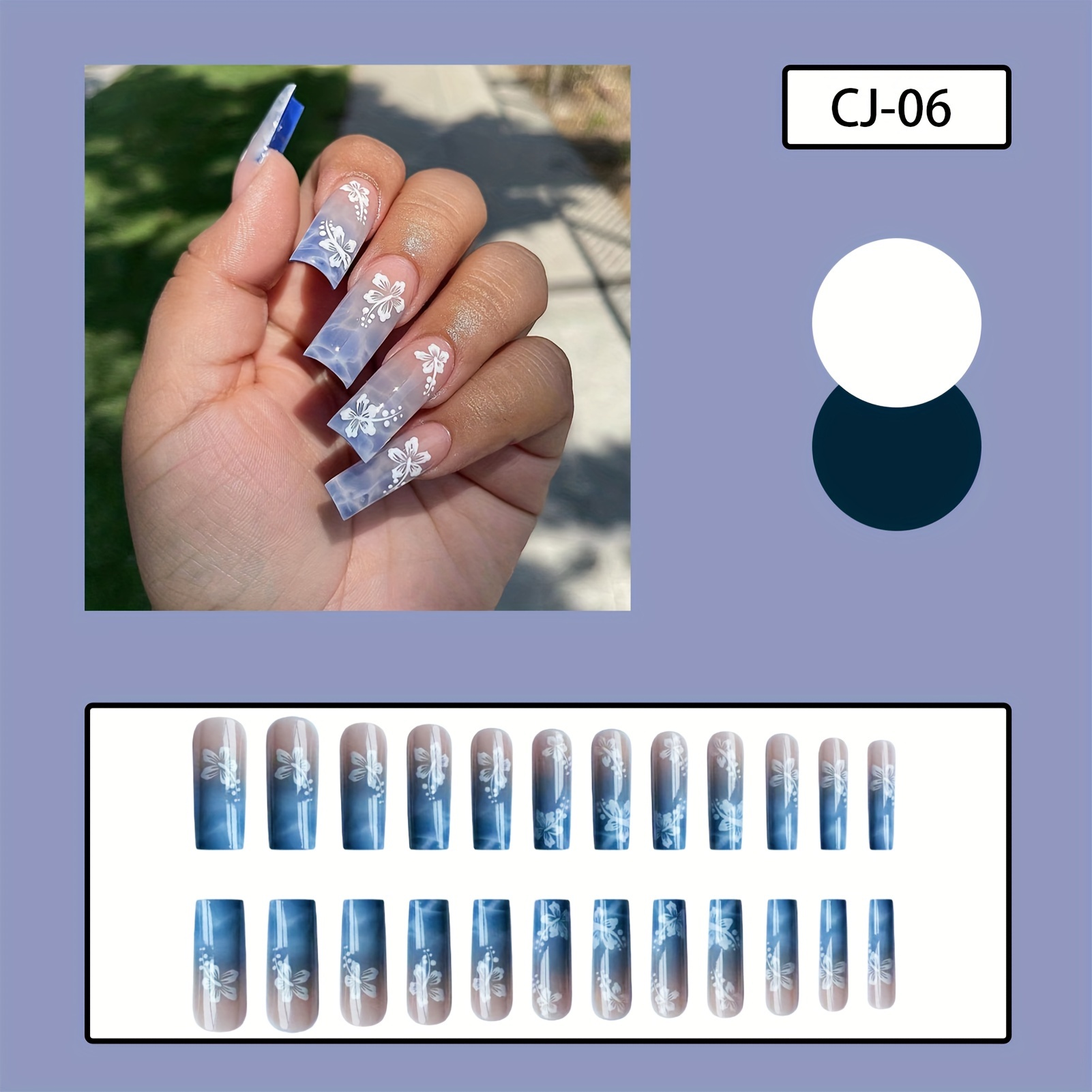 TEMU Blue Gradient Ripple Fake Nails Abs Material Gentle To Nails & Skin Nails For Finger Decoration Home Nail Diy