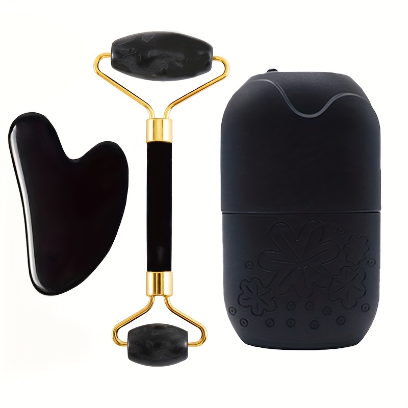 Image of 3pcs Facial Massage Tool Set | Includes Roller Massager, Popsicle, Body And Back Scraping Board New Silicone Ice Grid Facial Ice Pack For Black Rolling