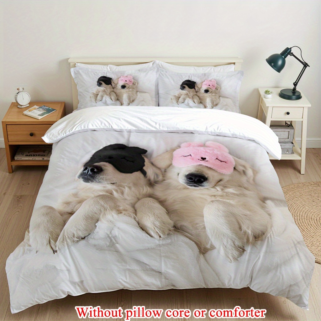 2 3pcs 1 duvet cover 1 2 pillowcase without core couple valentines day romantic golden retriever two   dogs lying on a white bed wearing eye masks funny print soft comfortable bedding set for bedroom dorm room family gift Product details 6