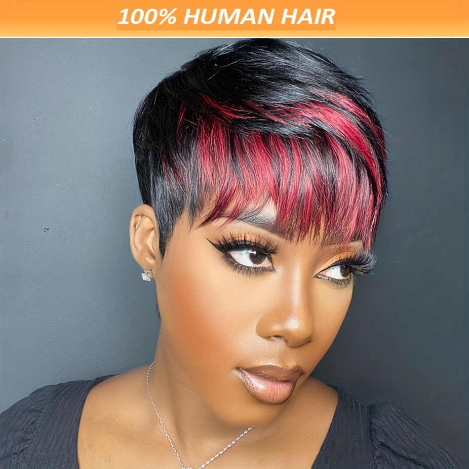 

Chic Cut Wig With Bangs For Women - 180% Density Brazilian Remy Human Hair, Glueless Layered Short Style In , Burgundy & Honey Blonde Mix