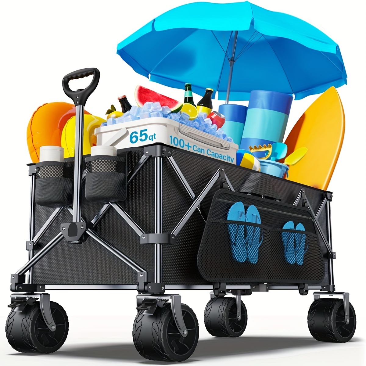 

Collapsible Wagon, 440lbs Heavy Duty Wagon Carts Foldable With Side Pocket And Brakes, 66 Gallon Large Capacity Foldable Wagon