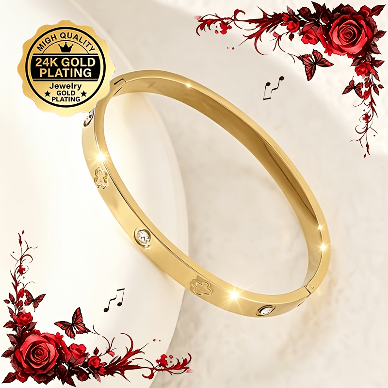 TEMU 1pc 24k Gold Plated Elegant Open Bangle Bracelet For Women, Inlaid With Sparkling Synthetic Zirconia, Hypoallergenic, Waterproof, And