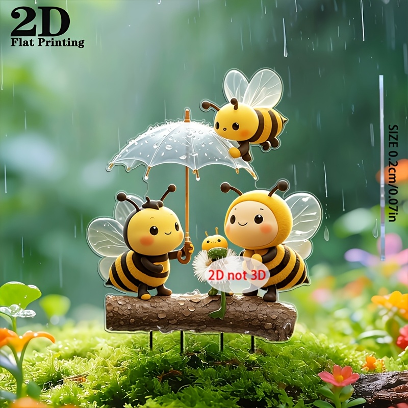 TEMU 2d Flat, [2d Flat] 2d Flat Bee Stake With Umbrella Canopy - Modern Bee-themed Plastic Outdoor Decoration Suitable For Flower Pots,,, Balcony -