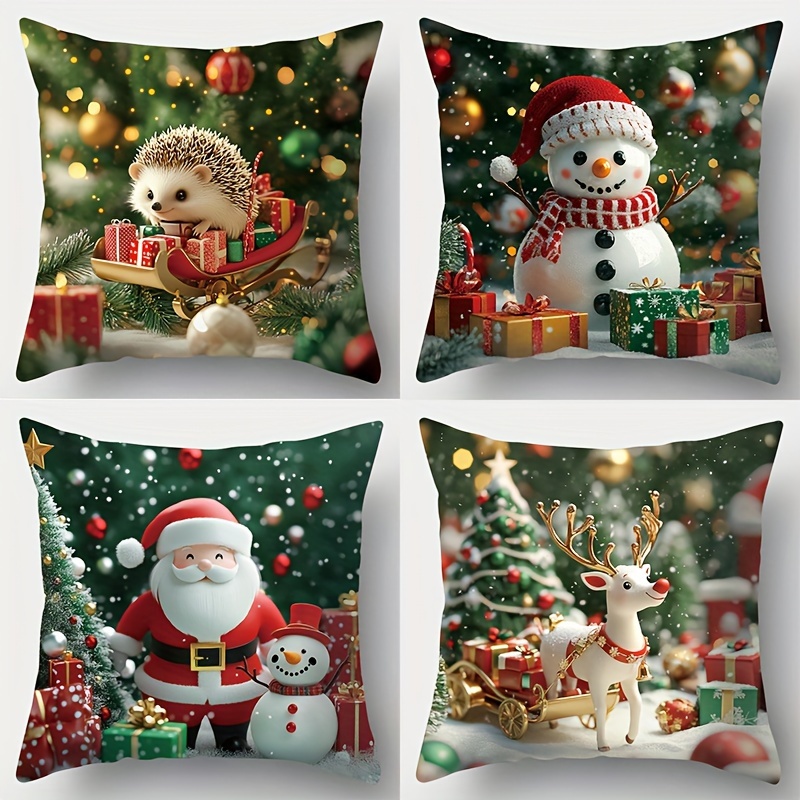 

4pcs Christmas Throw Pillow Covers Set, 18x18 Inch - Decor For Sofa & Bedroom, Zip Closure, Polyester, Machine Washable