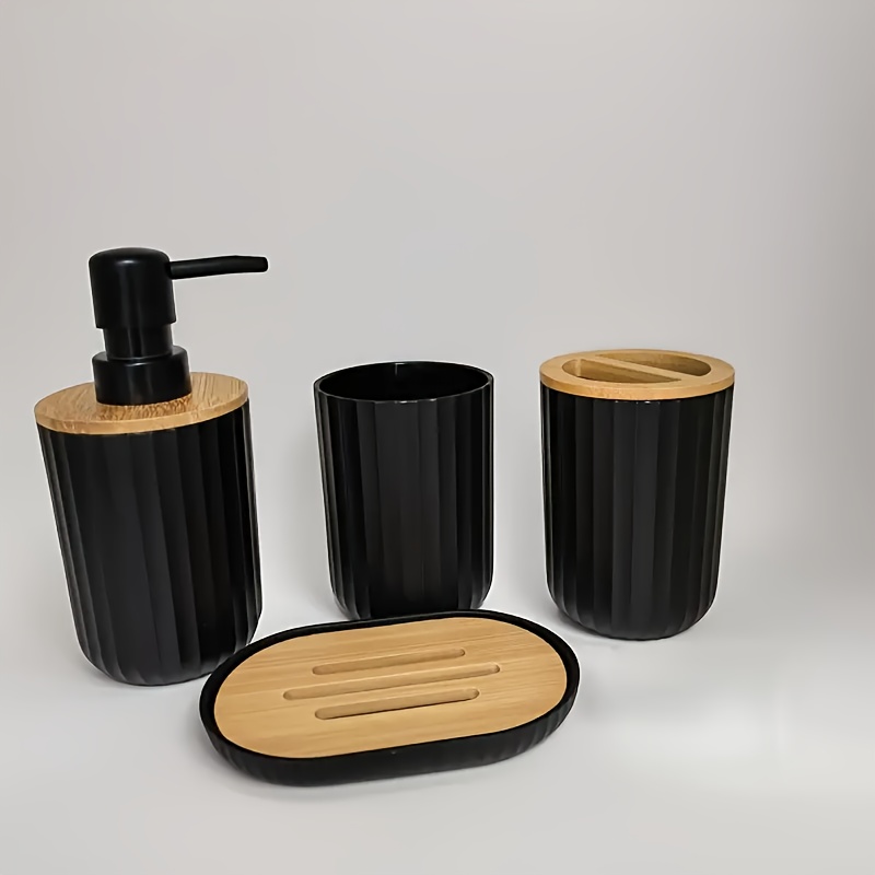 TEMU 4pcs Elegant Bathroom Accessory Set, 4pcs Solid Color Striped Bathroom Toiletry Set, Soap Dispenser, Plastic, Freestanding, Manual Pump Lotion