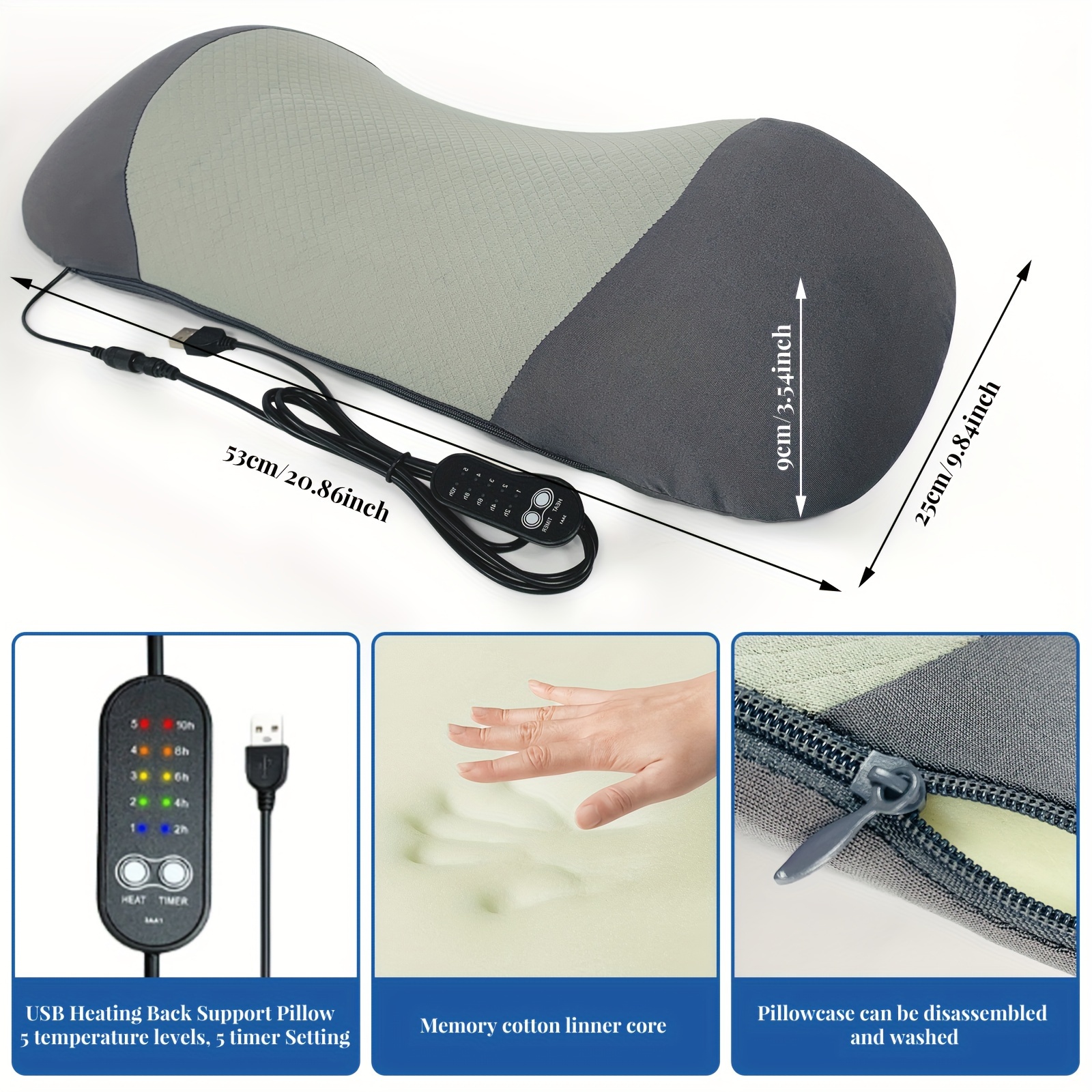 usb powered heated lumbar support pillow with 5 adjustable temperature settings timer ergonomic back for office chairs cars and home use gray backrest pillow Product details 3
