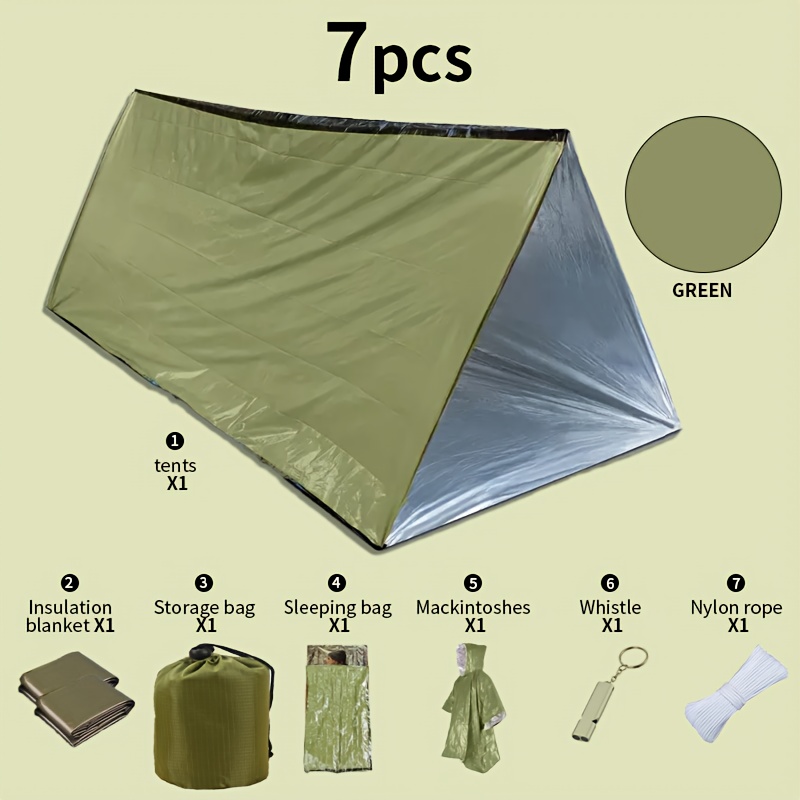 7pcs Outdoor Gear - Tents, Sleeping Bags, Survival Blankets And Rain Jackets, Portable Foldable Essentials In Pe For Hiking And Camping