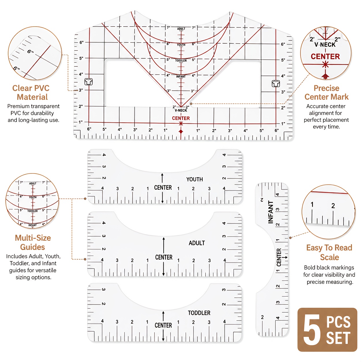 TEMU 5pcs Set Of Transparent Pvc T-shirt Alignment Rulers, V-neck Round Neck Center Positioning Rulers For Adults, Teenagers, Children, And Infants,